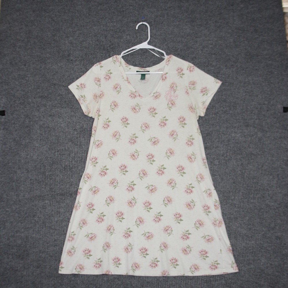 Lauren Ralph Lauren Nightgown Womens M White Pink Floral V-Neck Sleep Dress